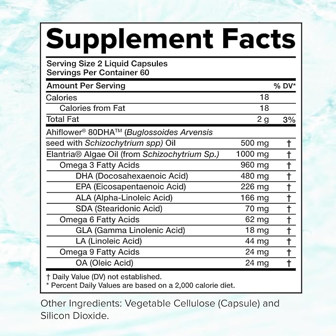 Complement Vegan Omega 3 Supplement- 960mg Omega-3 Fatty Acids, DHA, EPA, SDA, ALA Supplement - Immune Support- 60 Servings, 120 Liquid Capsules