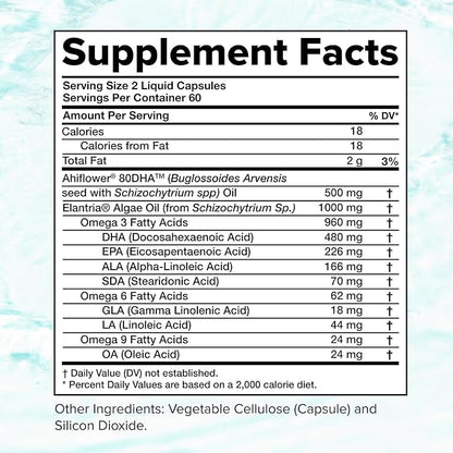 Complement Vegan Omega 3 Supplement- 960mg Omega-3 Fatty Acids, DHA, EPA, SDA, ALA Supplement - Immune Support- 60 Servings, 120 Liquid Capsules