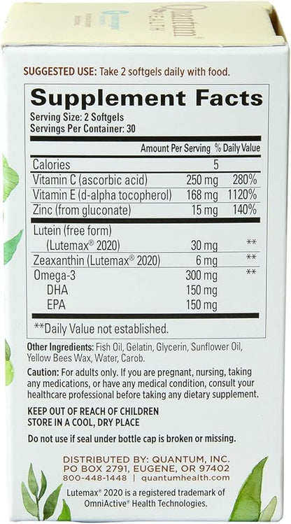 Quantum Health Macula 30+ Eye Health Supplement|Promotes Macular and Retinal Health as You Age|Formulated with Lutein, Zeaxanthin, Omega-3, and Vitamins C & E|60 Softgels, 30 Day Supply