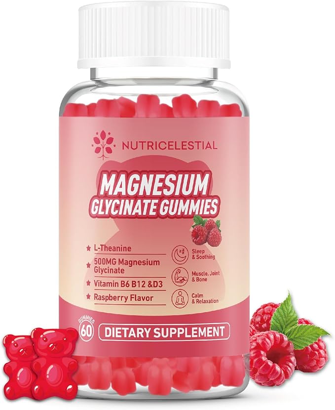 Magnesium Glycinate Gummies 500mg, High Absorption Magnesium Supplement, Suitable for Adults, Sugar-Free, Gelatin-Free, Vegan Friendly, Non-GMO, 60 Raspberry-Flavored Gummies