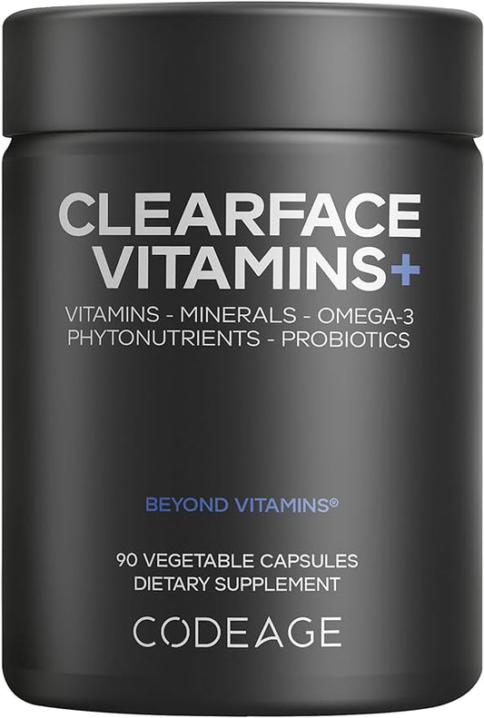 Codeage Clearface Pantothenic Acid, Niacin Supplement, Vitamins A, C, D3, E, Probiotics, Zinc, Riboflavin, Thiamin, L-Lysine HCL & Omega-3, Niacinamide, Skin Botanical Blend - Non-GMO - 90 Capsules