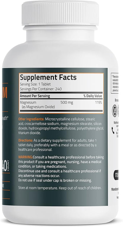 Bronson Magnesium 500 MG Supports Bone & Muscle Health & Nervous System Support - Non-GMO, 240 Vegetarian Tablets