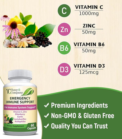 Emergency Immune Support Elderberry Capsules, for Men and Women, with Vitamin C, Vitamin D3, Zinc, Gluten Free, Vegetarian 60 Capsules