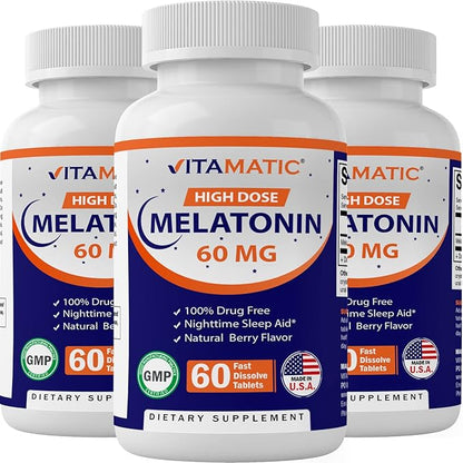 Vitamatic Melatonin 60 mg Fast Dissolve Tablets - 60 Vegan Natural Berry Flavor Tablets - Non-Habit Forming - Non-GMO, Gluten Free (3 Bottles)