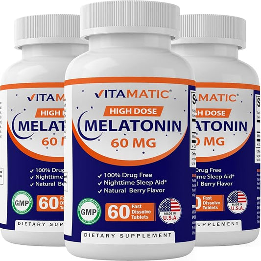 Vitamatic Melatonin 60 mg Fast Dissolve Tablets - 60 Vegan Natural Berry Flavor Tablets - Non-Habit Forming - Non-GMO, Gluten Free (3 Bottles)