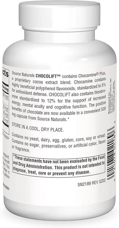 Source Naturals ChocoLift 500mg, Chocamine Plus Cocoa Extract for Positive Energy*, 500 mg - 120 Capsules