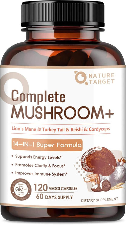 NATURE TARGET Mushroom Supplement, Mushroom Complex with Lion's Mane, Turkey Tail, Reishi, Cordyceps, Shiitake, 14-in-1 Mushrooms for Memory and Focus, 120 Capsules