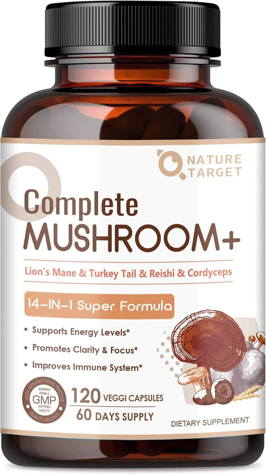 NATURE TARGET Mushroom Supplement, Mushroom Complex with Lion's Mane, Turkey Tail, Reishi, Cordyceps, Shiitake, 14-in-1 Mushrooms for Memory and Focus, 120 Capsules