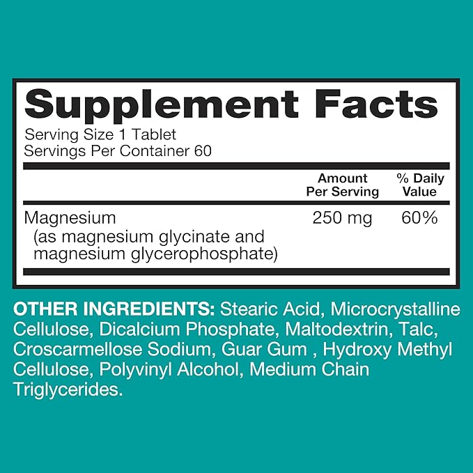 Qunol Magnesium Glycinate Complex, Gentle on Stomach, 250mg One Pill Dose, Superior-Absorption Magnesium, Nerve, Bone and Muscle Health Supplement, 60 Count (Pack of 1)