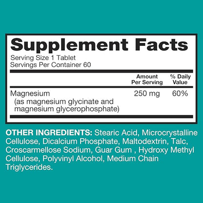 Qunol Magnesium Glycinate Complex, Gentle on Stomach, 250mg One Pill Dose, Superior-Absorption Magnesium, Nerve, Bone and Muscle Health Supplement, 60 Count (Pack of 1)