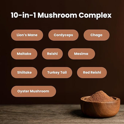 NutraChamps Organic Mushroom Powder - 10-in-1 Complex - Mushroom Supplement Powder Blend for Memory, Focus & Immune Support - 8oz (8.0 OZ, Mushroom Blend)