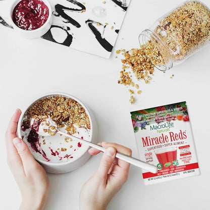 MacroLife Naturals Miracle Reds Superfood Supplement Powder Antioxidants Polyphenols Enzymes Probiotics - Raw Non-GMO Organic Vegan Gluten & Dairy Free (12 Packet)