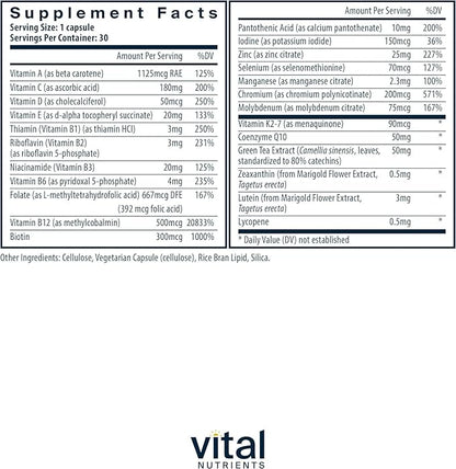 Vital Nutrients Once Daily Multivitamin | Vegan Multi for Women & Men | Allergen-Free | 19 Essential Vitamins + Antioxidants for Eye and Heart Health | Gluten, Dairy & Soy-Free | 30 Capsules
