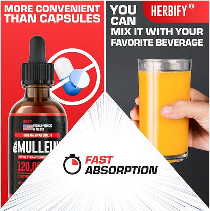 HERBIFY Mullein Drops - Lung Cleanse - Leaf Extract - Powerful Mullein for Immune Support, Detox & Respiratory Support - Made in USA - 4 Oz Strawberry Flavor