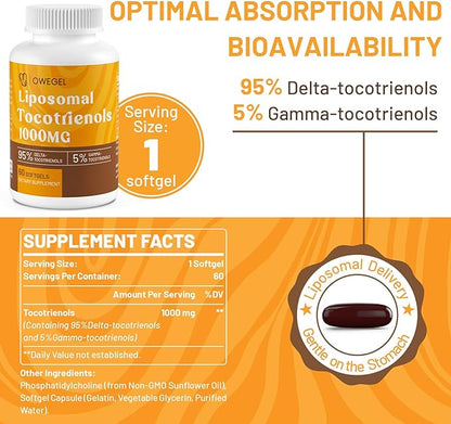 Vitamin E Tocotrienols Supplements 1000mg - High Potency Liposomal Tocotrienol Capsules,95% Delta & 5% Gamma Tocotrienols Support Skin,Bone,Antioxidant,120 Softgels