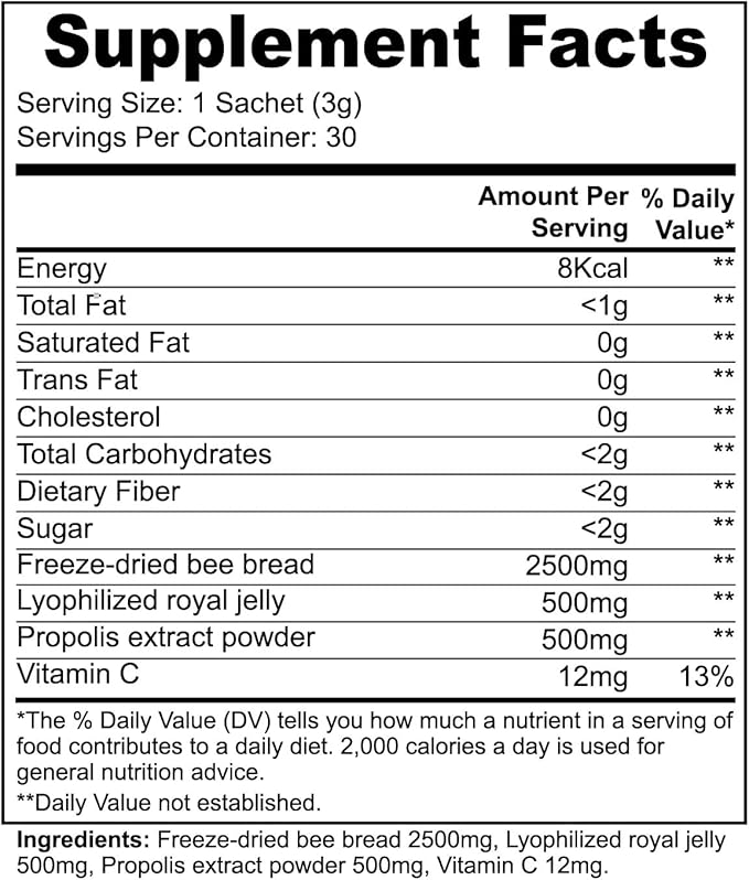 Bee Pearl Powder - Bee Pearl Supplement for Overall Wellness and Daily Vitality - Energizing Blend of Bee Bread, Propolis and Royal Jelly - Vegetarian & Gluten Free - 30 sachets