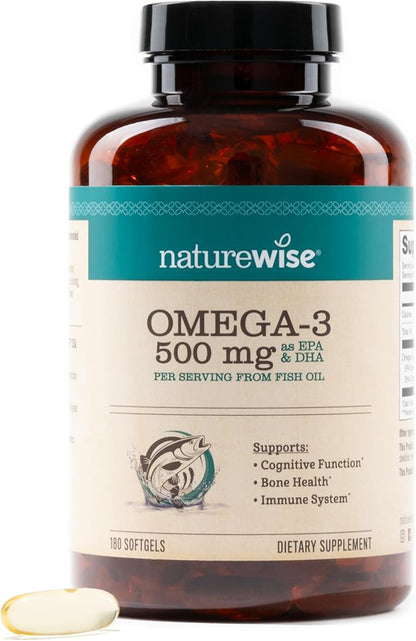 NatureWise Omega 3 Fish Oil - 500 mg per Pill - EPA & DHA - Support for Immune Health & Cognitive Function - Wild-Caught, Gluten and Soy Free, Non-GMO - 180 Softgels[6-Month Supply]