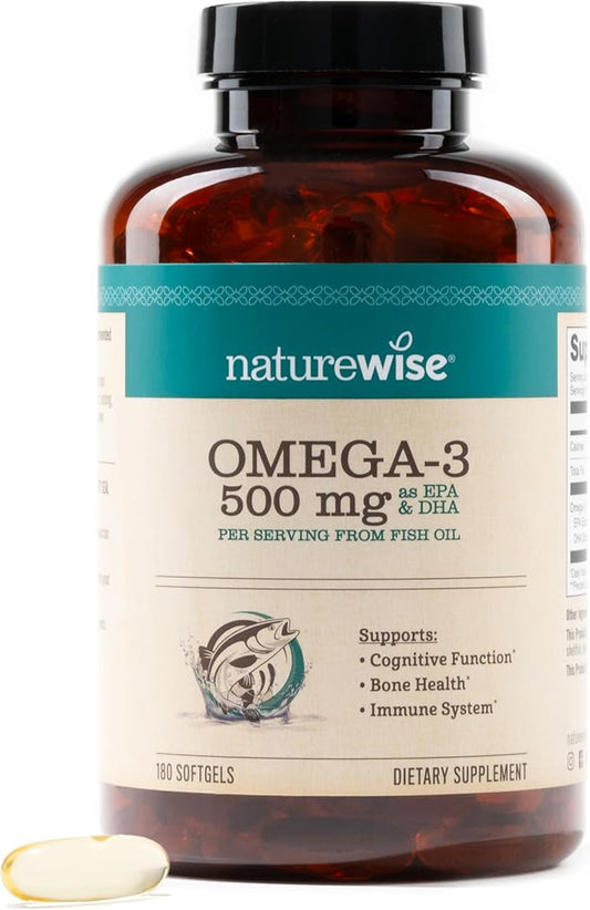 NatureWise Omega 3 Fish Oil - 500 mg per Pill - EPA & DHA - Support for Immune Health & Cognitive Function - Wild-Caught, Gluten and Soy Free, Non-GMO - 180 Softgels[6-Month Supply]