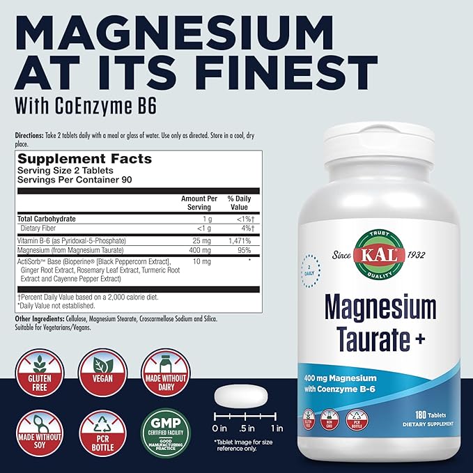 KAL Magnesium Taurate 400mg Plus CoEnzyme Vitamin B6, Chelated Magnesium Supplement, Muscle Function, Gluten Free, Vegan, 90 Serv, 180 Tablets