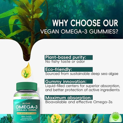 2 Pack Vegan Omega 3 Gummies 1500mg, Algae Omega 3 Supplements DHA 885mg & EPA 440mg, with Coq 10,Vitamin E,C,D3 for Brain,Eye Support, Fish Oil Supplements Alternative, Sugar Free, 120 Counts