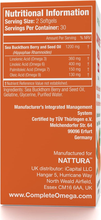 Nattura Complete Omega 3-6-7-9, Pure Sea Buckthorn Oil, European Quality, from Unrefined, Cold Pressed Whole Sea Buckthorn Wild Berries - Non-GMO, Certified Kosher, Gluten-Free 1 Bottle - 60 Capsules