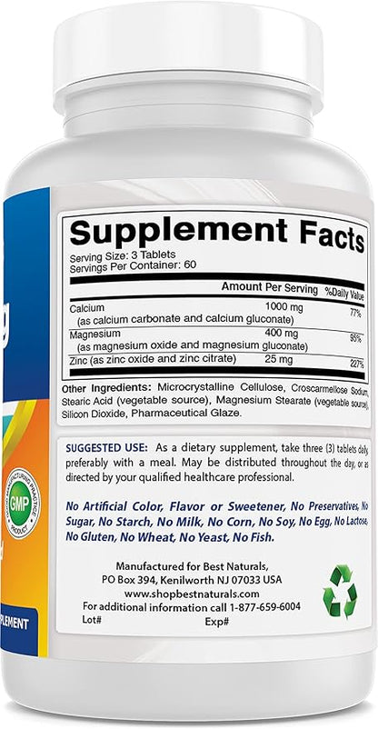 2 Packs - Best Naturals Calcium Magnesium Zinc - 180 Tablets - Essential Cal Mag Zinc Mineral Complex (Total 360 Tablets)