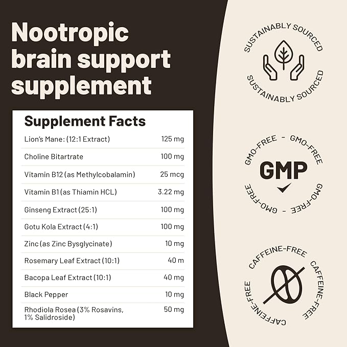 Vegan Vitality Lions Mane Supplement Capsules - Nootropic Brain Support Supplement, Lions Mane Mushroom Extract Capsules - 120 Vegan Bacopa Monnieri, Gotu Kola, Ginseng