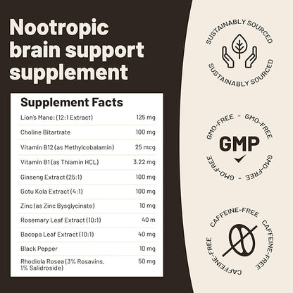 Vegan Vitality Lions Mane Supplement Capsules - Nootropic Brain Support Supplement, Lions Mane Mushroom Extract Capsules - 120 Vegan Bacopa Monnieri, Gotu Kola, Ginseng
