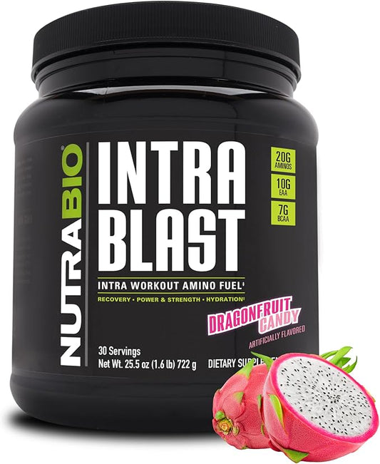 NutraBio Intra Blast Bcaa Powder Amino Acid Supplement, Electrolyte & Hydration Blend, Intra, Pre Workout & Muscle Recovery, 20g Eaa Amino Acids Powder, 5g Glutamine- Dragonfruit Candy, 30 Serving