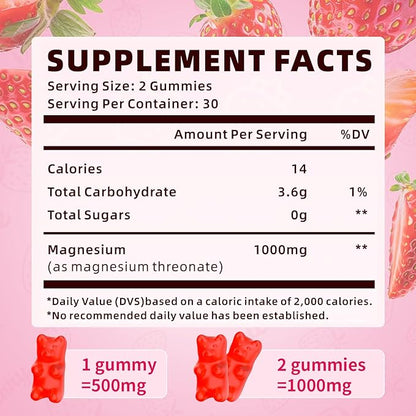 Magnesium L-Threonate Gummies 500mg, Suagr-Free Magnesium Threonate Supplement for Kids & Adults Muscle & Nervous Health Support, Strawberry Flavor 120 Count