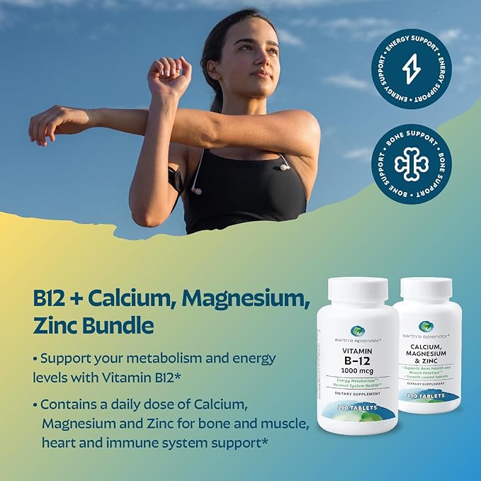 Earth's Splendor: Vitamin B12 & Calcium, Magnesium, Zinc Bundle. Gluten Free, No Artificial Flavors or Colors, Supports Energy Metabolism & Bone Health