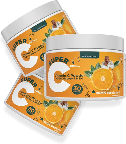 Dr. Keith's Own Super C - High Dose 4000mg Buffered Vitamin C Powder with D-Ribose, Glycine, MSM - Highly Absorbable, Stomach-Friendly, Daily Immune Support - Unflavored, 200 Grams Each (3 Pack)