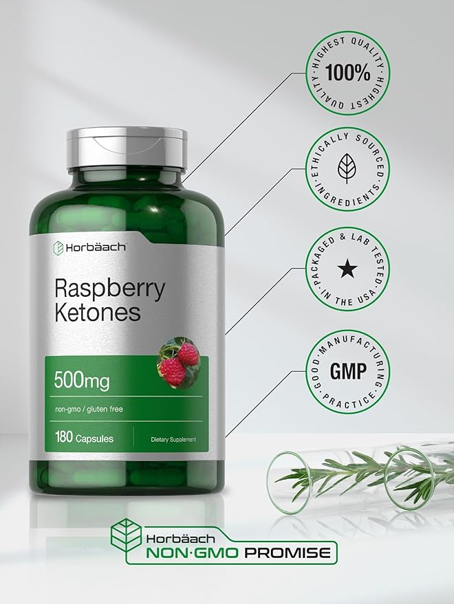 Horbäach Raspberry Ketones | 500mg | 180 Capsules | Non-GMO & Gluten Free Pills