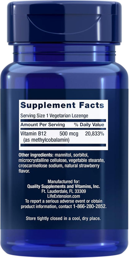 Life Extension Vitamin B12 Methylcobalamin 500mcg - Vitamin B12 Supplement for General Energy and Brain Health - Sugar Free Vegetarian Lozenges Dissolve in Your Mouth - Once Daily - 100 Count