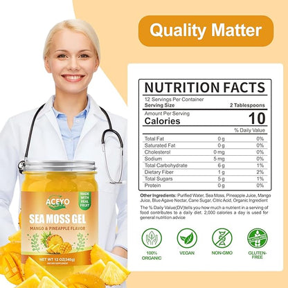 (12 OZ) Irish Sea Moss Gel Raw Vegan Mango Pineapple Flavor 102 Vitamins and Minerals Wild Harvested Non-GMO Immune Defense Booster Thyroid Digestive Support