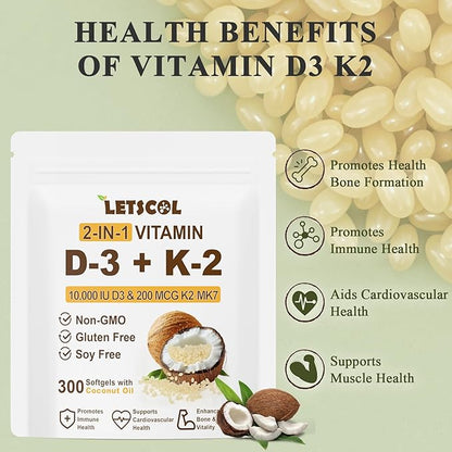 2-in-1 Vitamin D3 K2 Supplement Softgel, Vitamin D3 10000 IU and Vitamin K2 200 mcg, K2 MK7 with D3 Vitamin Supplement Support Immune, Heart, Joint, Teeth & Bone Health