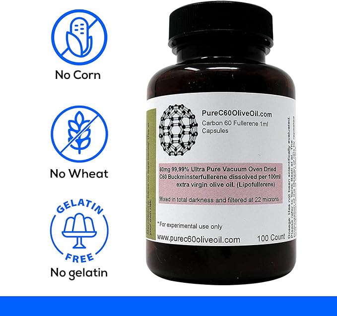 PureC60OliveOil C60 Organic Olive Oil Capsules Pills 100ml / 3.4 Fl Oz - 99.99% Carbon 60 Solvent Free 80mg - Food Grade - Carbon 60 Olive Oil - From The Leading Global Producer
