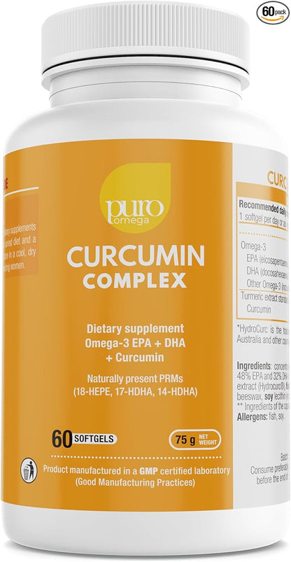 PuroOmega Curcumin Complex - Tripple Concentrated Omega 3 Oil Blended with Highly bioavailable Turmeric Supplement, 2 Months Supply. A VitalemedyMD Product