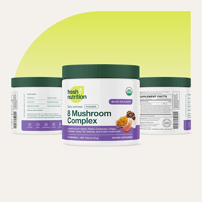 Fresh Nutrition Organic 8 Mushroom Complex Powder - Lion's Mane, Reishi, Cordyceps, Chaga, Enokitake, Turkey Tail, Maitake, and Oyster Mushrooms