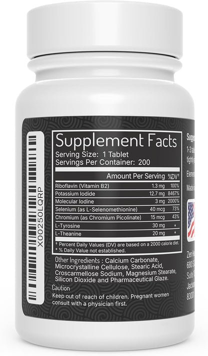 Zen Haus 12.5 mg with Selenium (as Selenomethionine) and More - 200 Tablets - Thyroid Plus Immune Support - High Potency Iodine Tablets - Compare to Lugol's Iodine Pills