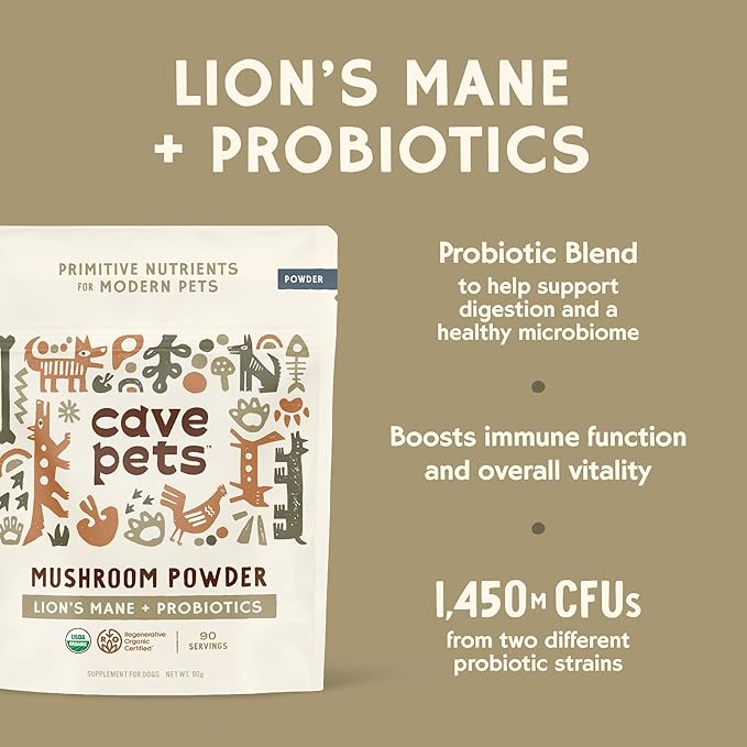 Super Blend Powder, Mushroom Mycelium and Dog Probiotic Supplement for Brain and Digestive Health Support, Lion’s Mane & Probiotics, 90 Servings