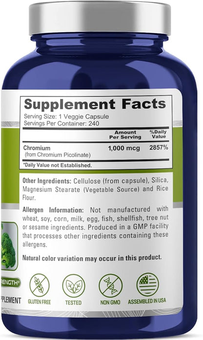 NusaPure Chromium Picolinate 1000mcg 240 Veggie Capsules (Non-GMO, Gluten Free)