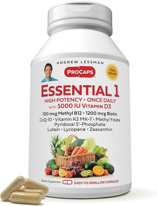 ANDREW LESSMAN Essential-1 Multivitamin 5000 IU Vitamin D3 60 Small Capsules - 100 mcg Methyl B12. CoQ10 Lutein Lycopene Zeaxanthin. High Potency. No Additives. Ultra-Mild. One Daily Capsule