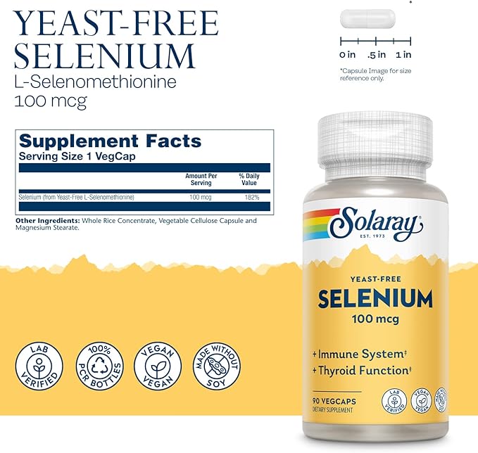 Solaray Yeast Free Selenium 100mcg, Healthy Immune & Thyroid Function Support, Enhanced Absorption, 90 Serv, 90 VegCaps