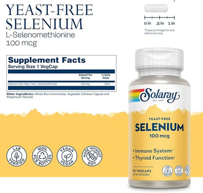 Solaray Yeast Free Selenium 100mcg, Healthy Immune & Thyroid Function Support, Enhanced Absorption, 90 Serv, 90 VegCaps