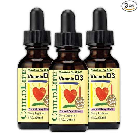 CHILDLIFE ESSENTIALS Vitamin D3 Drops for Kids, Children, & Toddlers - Liquid Vitamin D Drops, 500 IU per Drop, Immune & Bone Health Support, Natural Berry - 1 Fl Oz (Pack of 3)