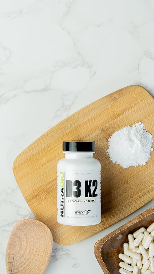 NutraBio Vitamin D3 K2 | 5000 IU D3 as Cholecalciferol with Vitamin K2 as MENA-Q MK7 (180mcg) | Support Bone and Heart Health | Non-GMO, Gluten Free, Lactose Free | 60 Vegetable Capsules