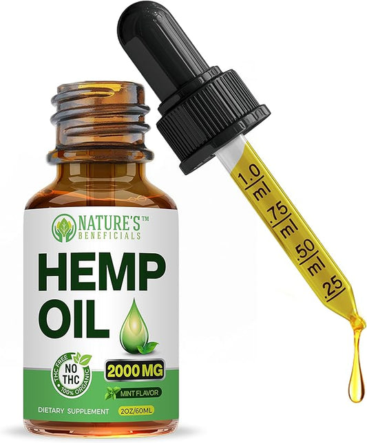 Nature's Beneficials Organic Hemp Oil Extract Drops, 2000mg - Omega Fatty Acids 3 6 9, Non-GMO Ultra-Pure CO2 Extracted, 2 oz