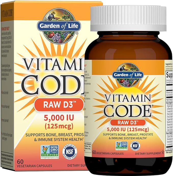 Garden of Life Vitamin D, Vitamin Code Raw D3, Vitamin D 5,000 IU, Raw Whole Food Supplements with Chlorella, Fruit, Veggies & Probiotics for Bone & Immune Health, 60 Vegetarian Capsules