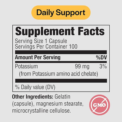 PureFormulas Potassium Supplement Chelated 99 mg Highly Absorbable Pure Potassium Formula for Energy, Nerve, Muscle, Kidney, Heart, and Skeletal Support, Non-GMO - 100 Vegetarian Capsules